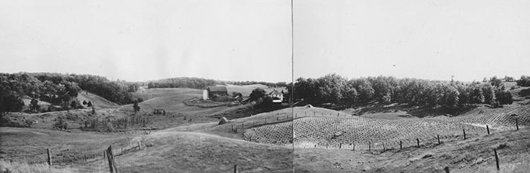 Panorama of farmstead built into the top of a terminal moraine north of Waupaca, illustrating how Wisconsin's human history is shaped by the glacial landscape. July 17, 1927. Fredrik Turville Thwaites. Image courtesy Wisconsin Geological and Natural History Survey (University of Wisconsin-Madison)