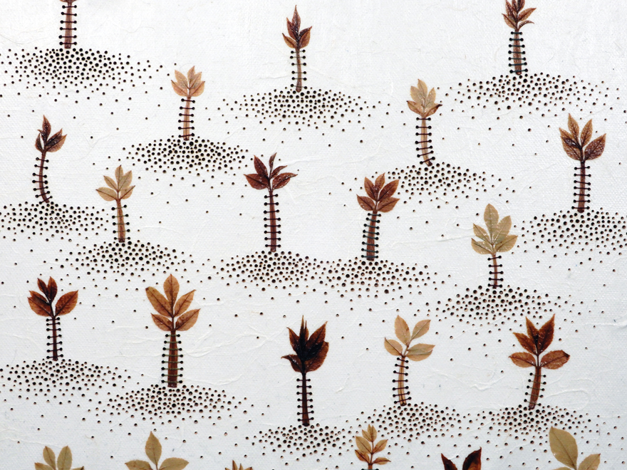Kyoung Ae Cho, Spring, 2019 (detail). Leaves collected in spring, burn marks, thread, matte medium, and Korean rice paper on canvas, 12 by 12 inches. Kyoung Ae Cho is engaged in a conversation with nature. Encompassing sculpture, installation, and fiber-based works, her art is grounded in an intimate dialogue with her materials. Cho starts each piece by mindfully gathering and preparing organic matter and objects of little value, attending to the way their physical properties reveal nature’s language of growth and change. As she explains, “Each meditative, repetitive gesture, each cut, stitch, and placement is part of the experience of merging the natural and the man-made, the physical and the spiritual.” Cho’s patient, collaborative approach to working with natural materials is a poignant metaphor for our relationship with the environment. At a time when we are facing the twin crises of intense climate change and species loss, the humility and tenderness of her process offer both hope and inspiration.