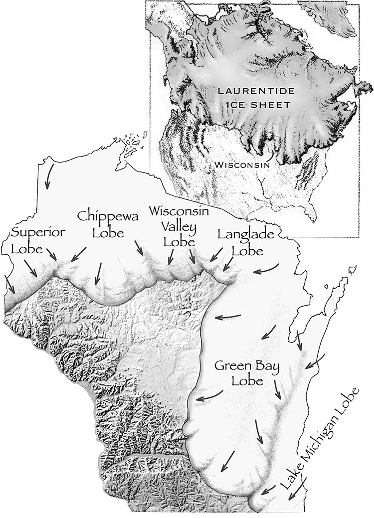 Map of the lobes and flow directions of the most recent advance of the North American ice sheet in Wisconsin