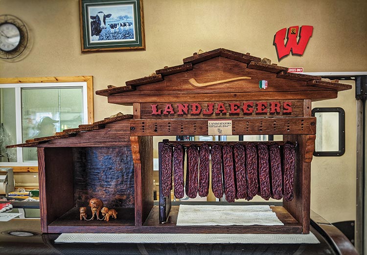 Landjaeger display case at Hoesly's, New Glarus