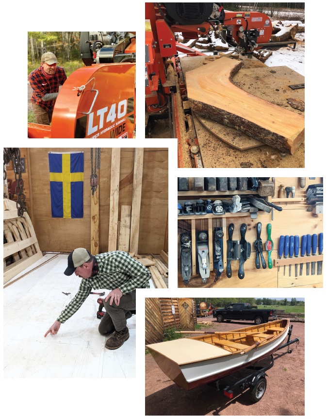 Clockwise from top left: Josh Swan at his sawmill; Newly-milled tamarack knees for boat framing; Tools in workshop; Completed custom boat ready for launch; Swan lofting a boat on the workshop floor. Josh Swan boat building photo collage