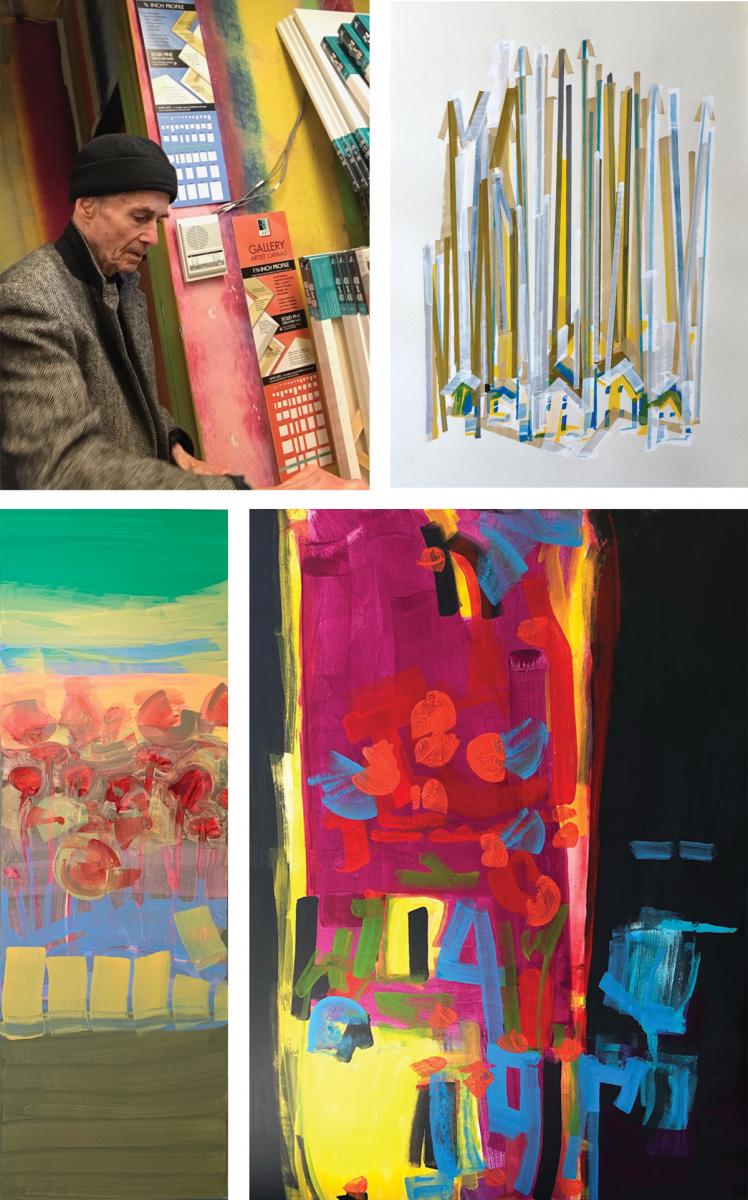Recent works from the artist, from 2015 on the upper left and 2019 and 2020 on the bottom, illustrate how he learned accept his Parkinson's into his practice. Photos by Heather Swan.