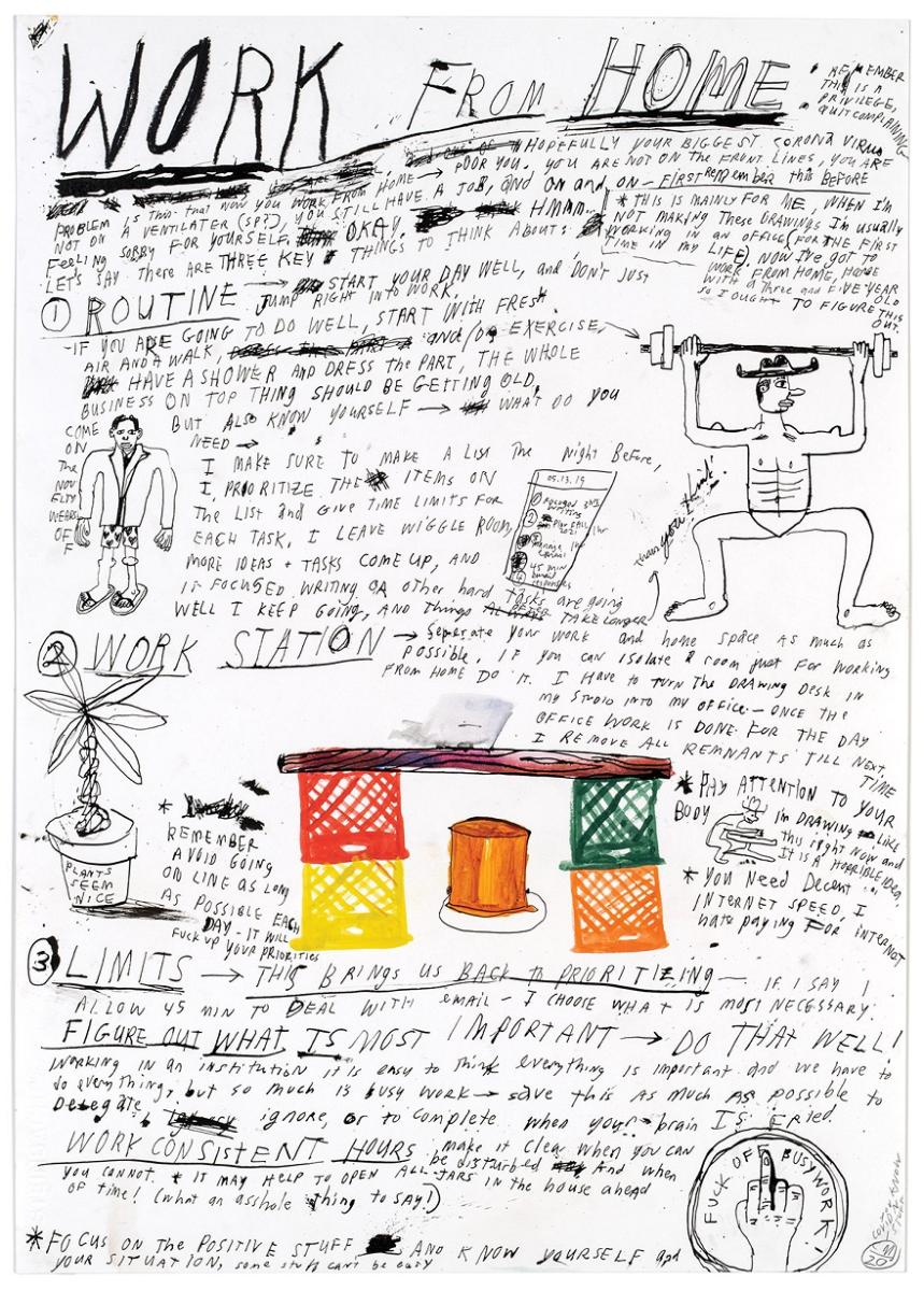 Colin Matthes, Work from Home, 2020. Ink and watercolor on paper. 23.5 x 16.5 inches.