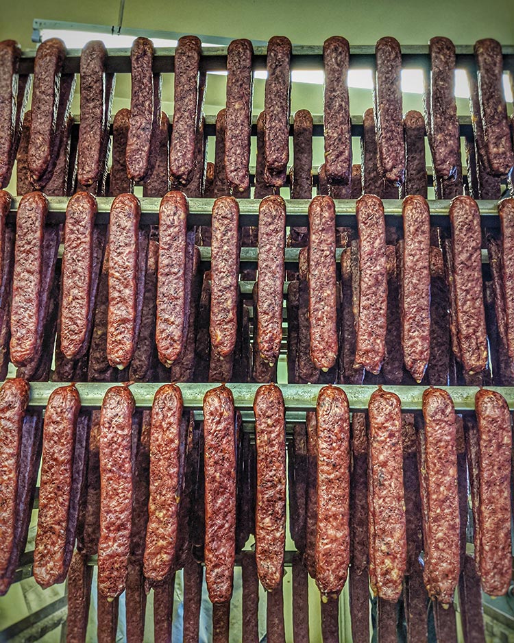 A rack of landjaeger drying at Ruef's in New Glarus