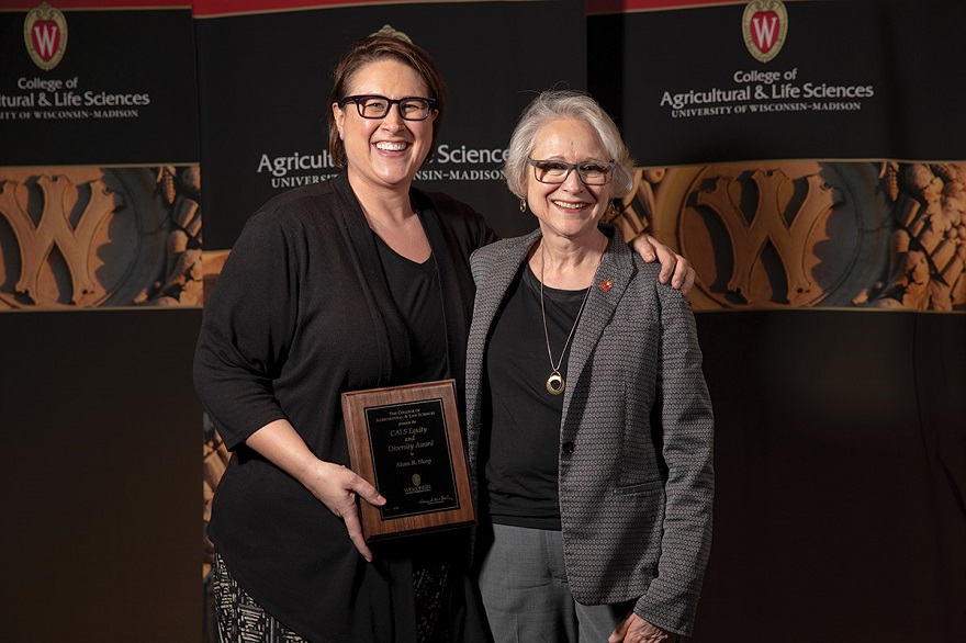 Ahna R. Skop, Genetics, poses for a picture with the CALS Equity and Diversity Award and Dean Kate VandenBosch, right, during the 2018 CALS Awards at the Ebling Symposium Center at UW–Madison in Madison, Wis., Wednesday, May 2, 2018. Photo by Michael P. King/UW–Madison CALS