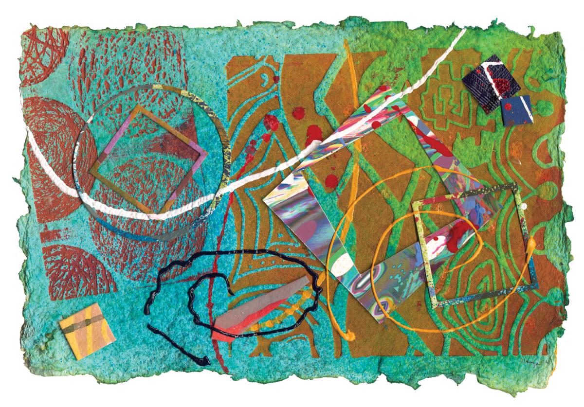 William Weege, Burning Down the House #34 “Do the Do,” 2014. Relief, archival inkjet, hand painting, collage, handmade paper. Monoprint, 13 by 19½ inches. Courtesy of the artist and Tandem Press. No reproduction without permission.