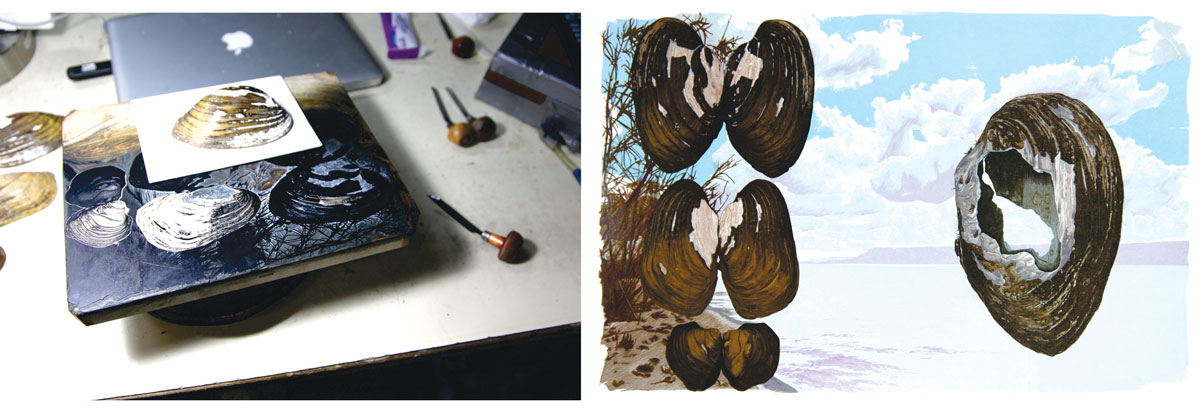 Schanilec’s color wood engravings of  specimens, like this mussel shell, are carefully rendered individual portraits as in his Unionidae: Downstream, wood engraving. From Lac Des Pleurs: Report  from Lake Pepin (Gaylord Schanilec, Midnight  Paper Sales, 2015). 